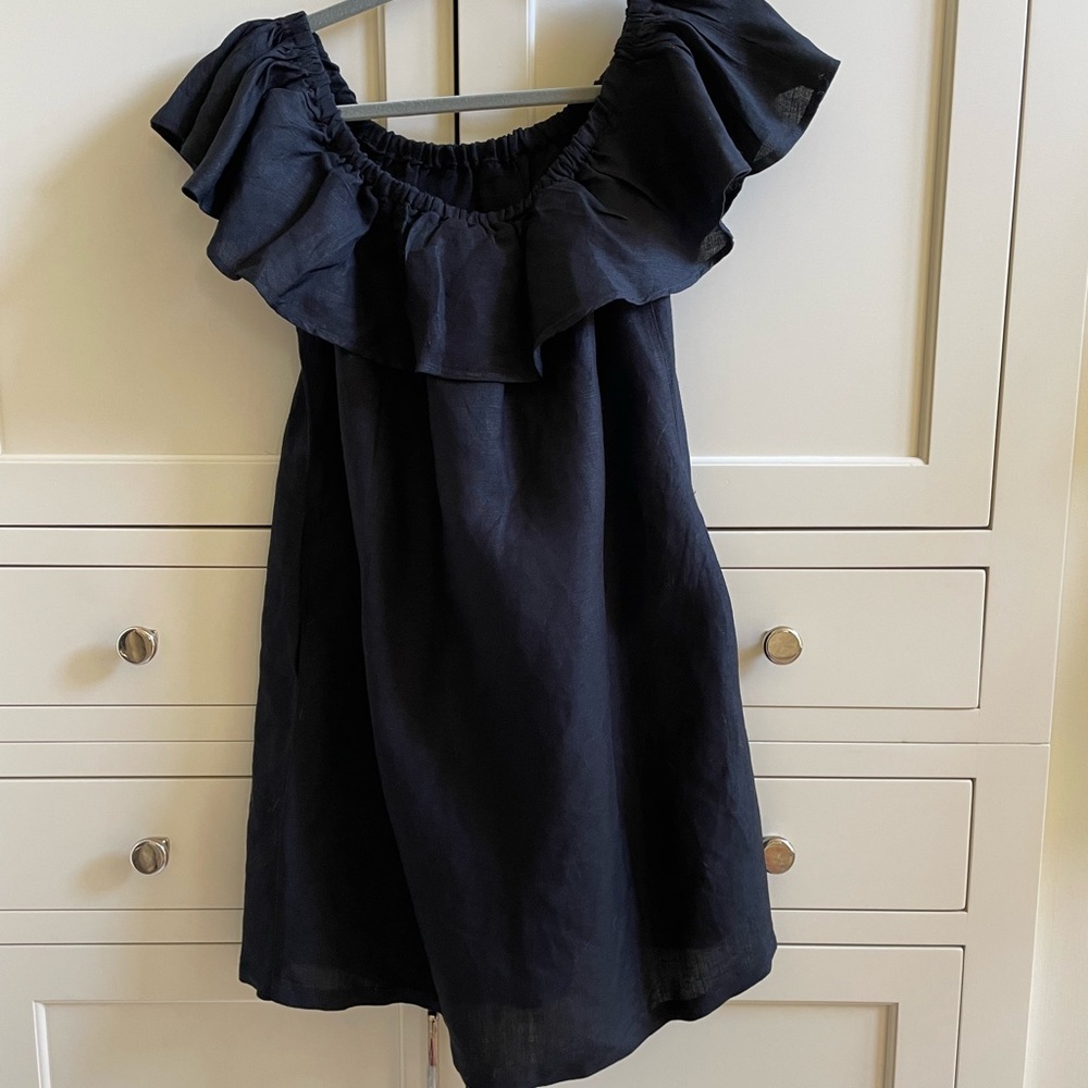 Tommy Bahama, Black Linen, ruffle dress, small with pockets